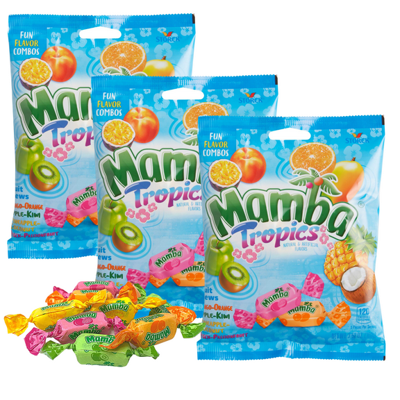 Mamba Tropics Fruit Chews Candy Assorted Fruit Flavor, Juicy, Chewy and Mouthwatering Soft Candy Great for Snacking Halloween Trick or Treats, Goody Bag Filler and Party Favor 3.52oz Set of 3