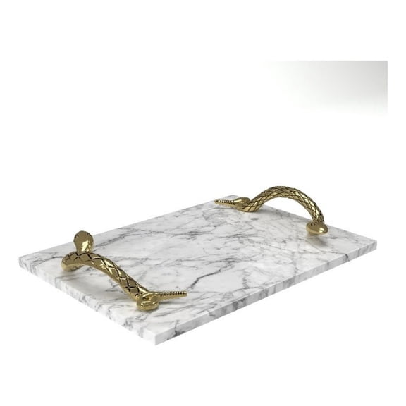 Mamba White Marble Decorative Serving Tray with Brass Snake Handles