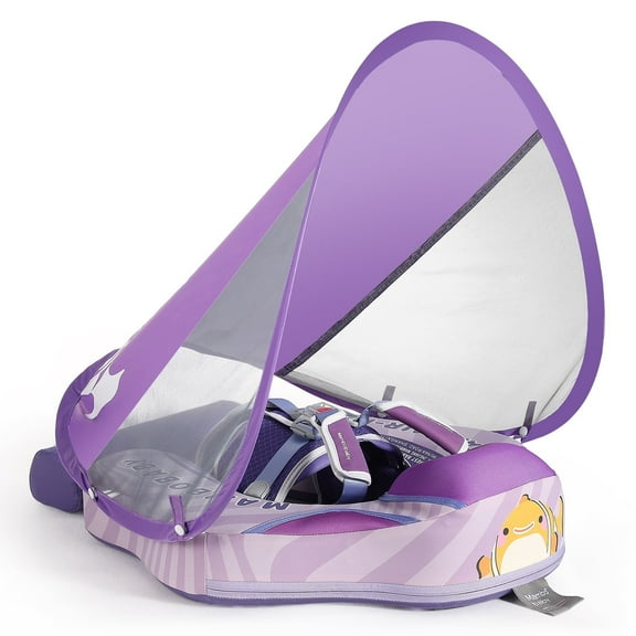 Mambobaby Float Add Tail No Flip Over Non-Inflatable Baby Swim Float Pearl Foam Solid Water Floats Smart Swim Trainer Infant Pool Float Swim Ring with Sun Canopy