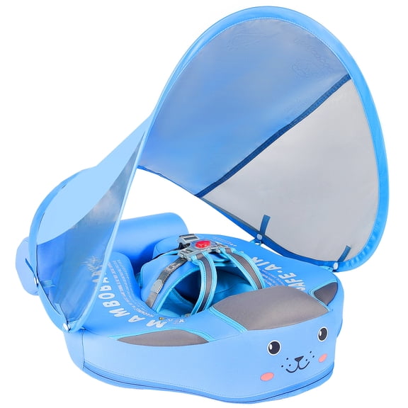 Mambobaby Non-Inflatable Baby Pool Float with Tail and Canopy UPF 50+ Sun Protection No Flip Over Infant Swim Float Skin-Friendly Mambo Float Swim Trainer Solid Baby Swimming Ring Foldable Style