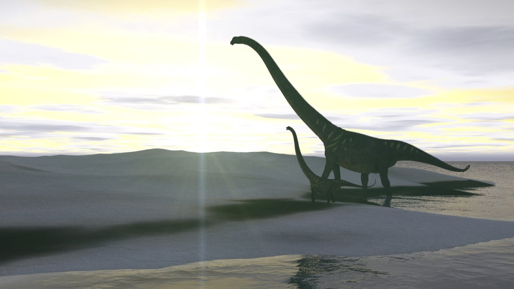 Mamenchisaurus and her offspring walking across a barren landscape Canvas Art - Kostyantyn IvanyshenStocktrek Images (38 x 22)