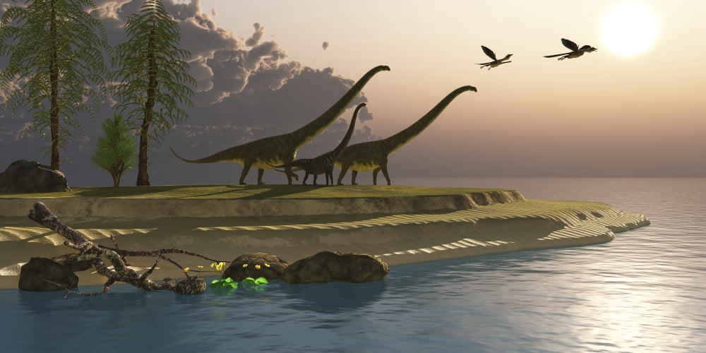 Mamenchisaurus dinosaurs walk to a lake for a morning drink Canvas Art - Corey FordStocktrek Images (20 x 10)