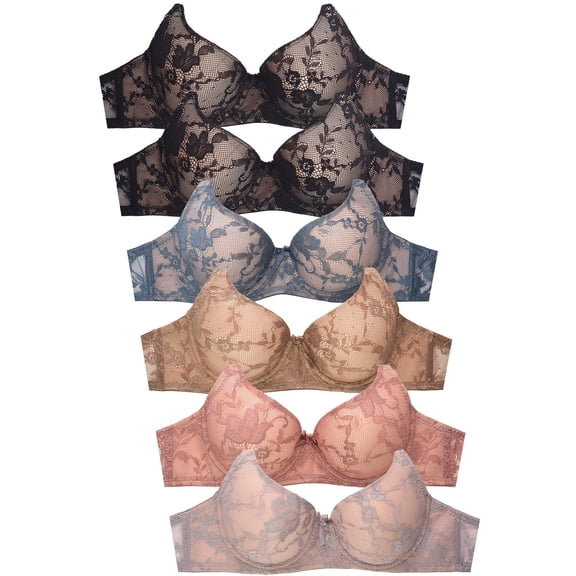 Mamia Women's Basic Lace Bras, Pack of 6 - 4458L, 36C