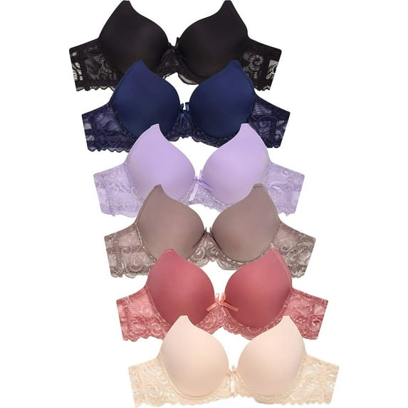 Mamia Women's Basic Lace/Plain Lace Bras Pack of 6- Various Styles 32B, BR4299PL