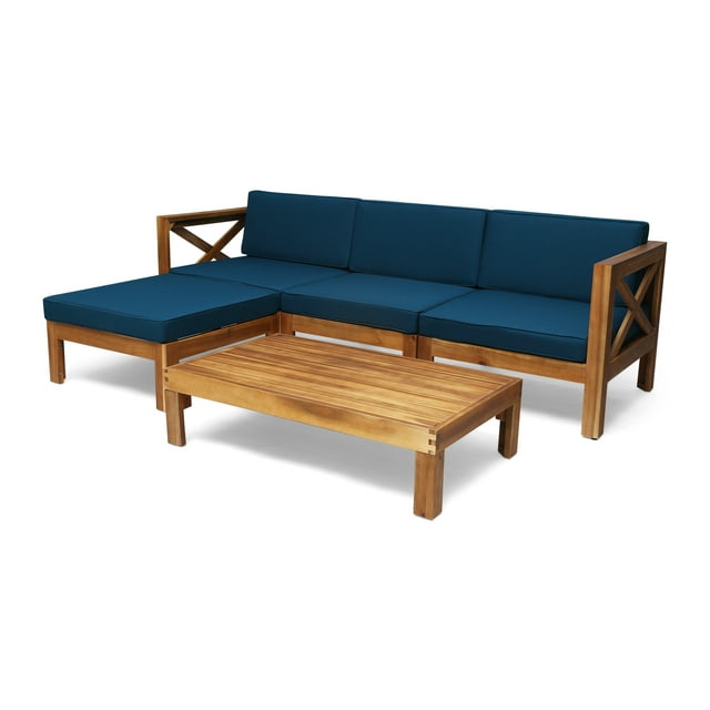 Mamie Outdoor Acacia Wood 5 Piece 3-Seater Sectional Sofa Set, Teak and Dark Teal