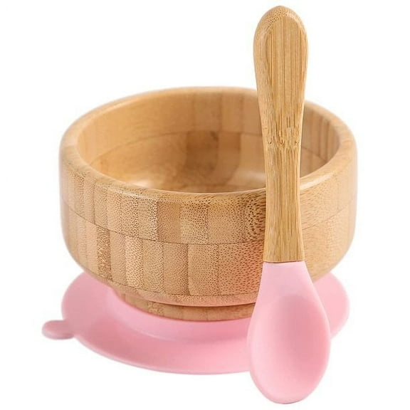 Mamimami Home Baby Bamboo Bowls with Suction and Spoon Set - 2PC；BPA Free （Pink）