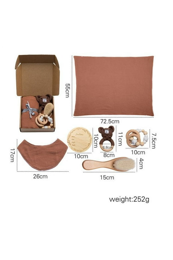 Baby Care Newborn Set With Towel Bear Rattle Hair Brush 6PCS Brown