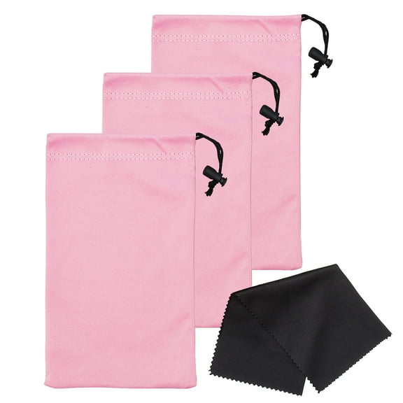 Mamlyn Microfiber Sunglasses Case With Drawstring Closure, 3 Pink Micro Fiber Glasses pouch For Eyeglasses, Gadgets, Cell Phones, Jewelry, Watches for Men And Women, BONUS Black Cloth