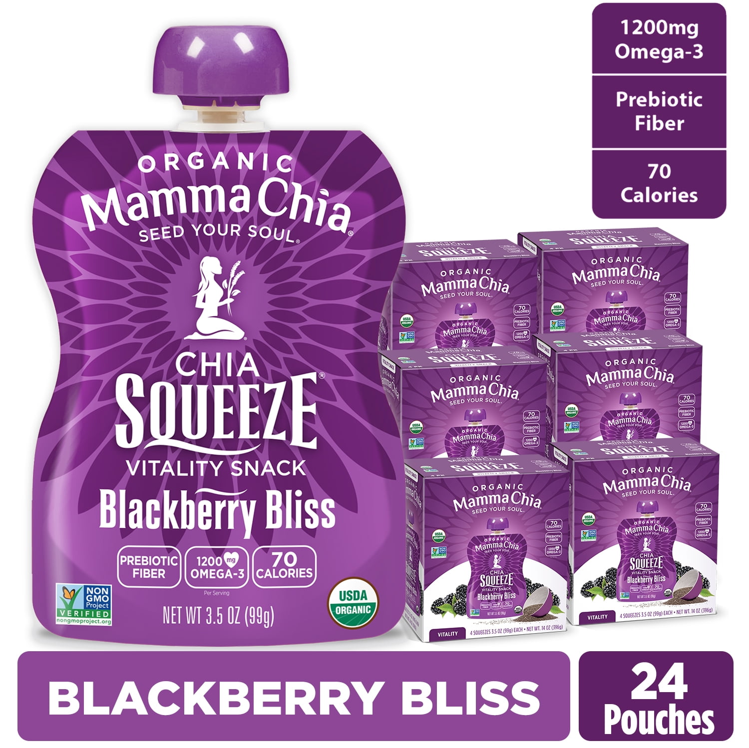 Mamma Chia Organic, Blackberry Bliss Chia Squeeze, 3.5 oz, 24 Count Pouches 6 Boxes of 4