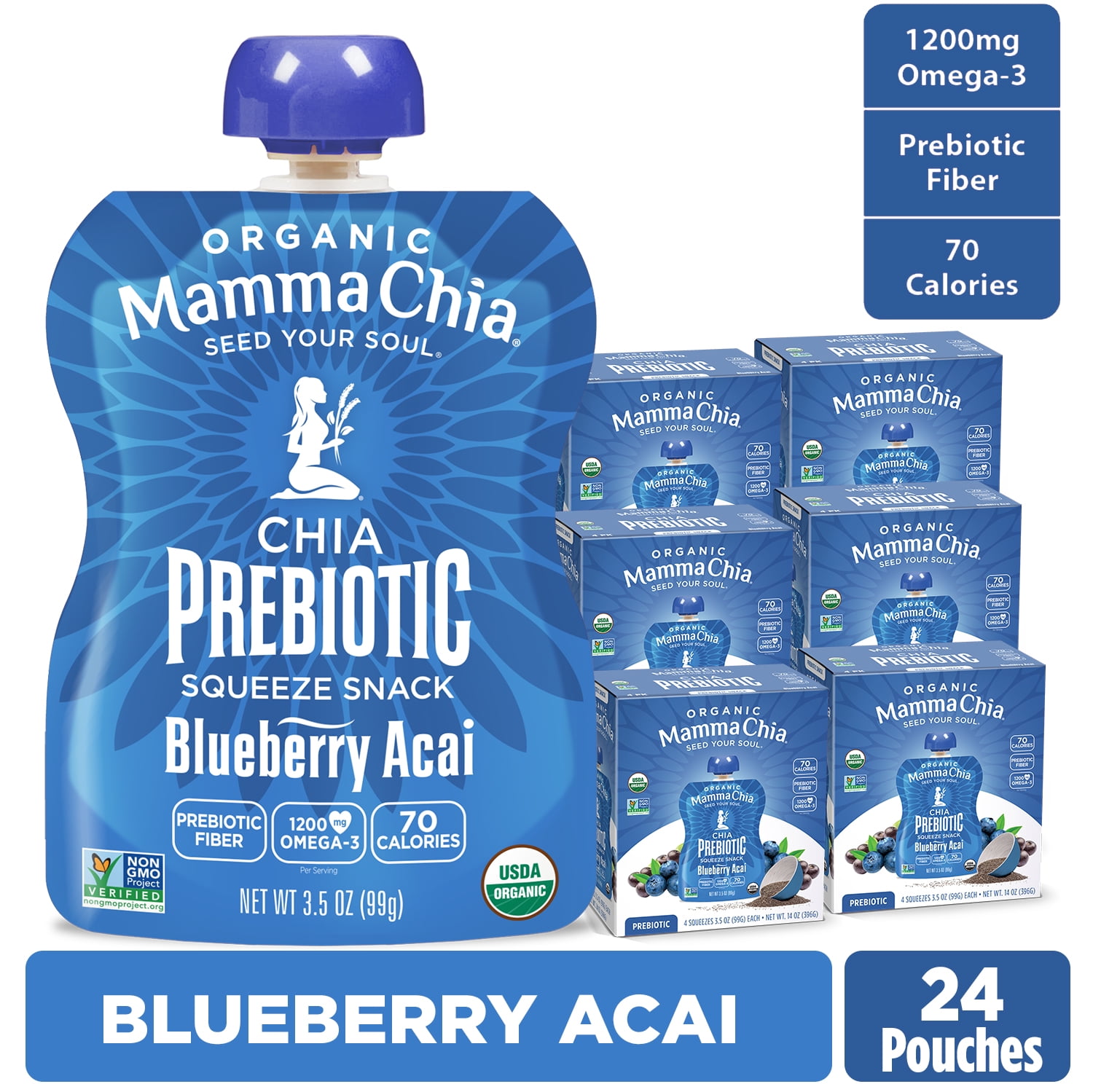 Mamma Chia Organic, Blueberry Acai Chia Prebiotic Squeeze, 3.5 oz, 24 Count Pouches 6 Boxes of 4