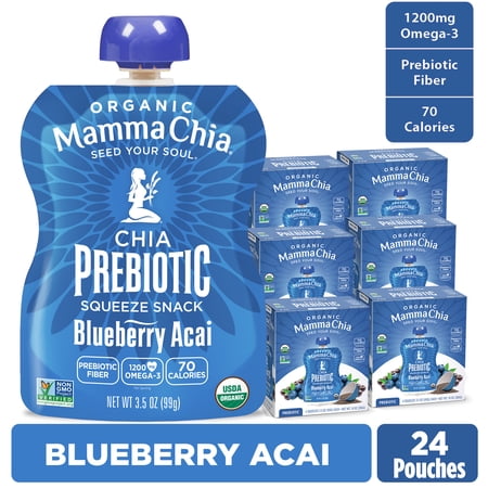 Mamma Chia Organic, Blueberry Acai Chia Prebiotic Squeeze, 3.5 oz, 24 Count Pouches 6 Boxes of 4