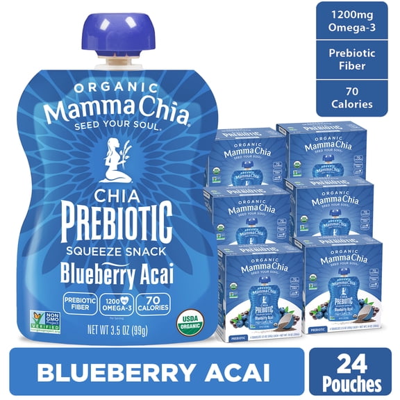 Mamma Chia Organic, Blueberry Acai Chia Prebiotic Squeeze, 3.5 oz, 24 Count Pouches 6 Boxes of 4