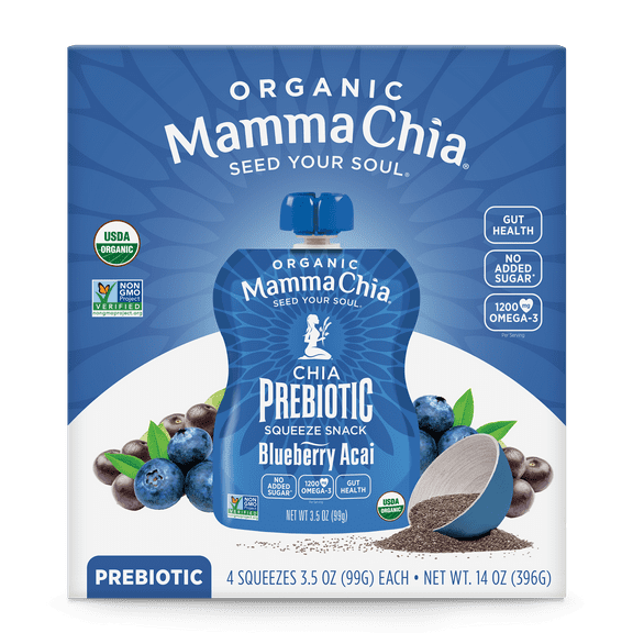 Mamma Chia Organic Blueberry Acai Prebiotic Squeeze Snack 4 - 14 oz Squeezes