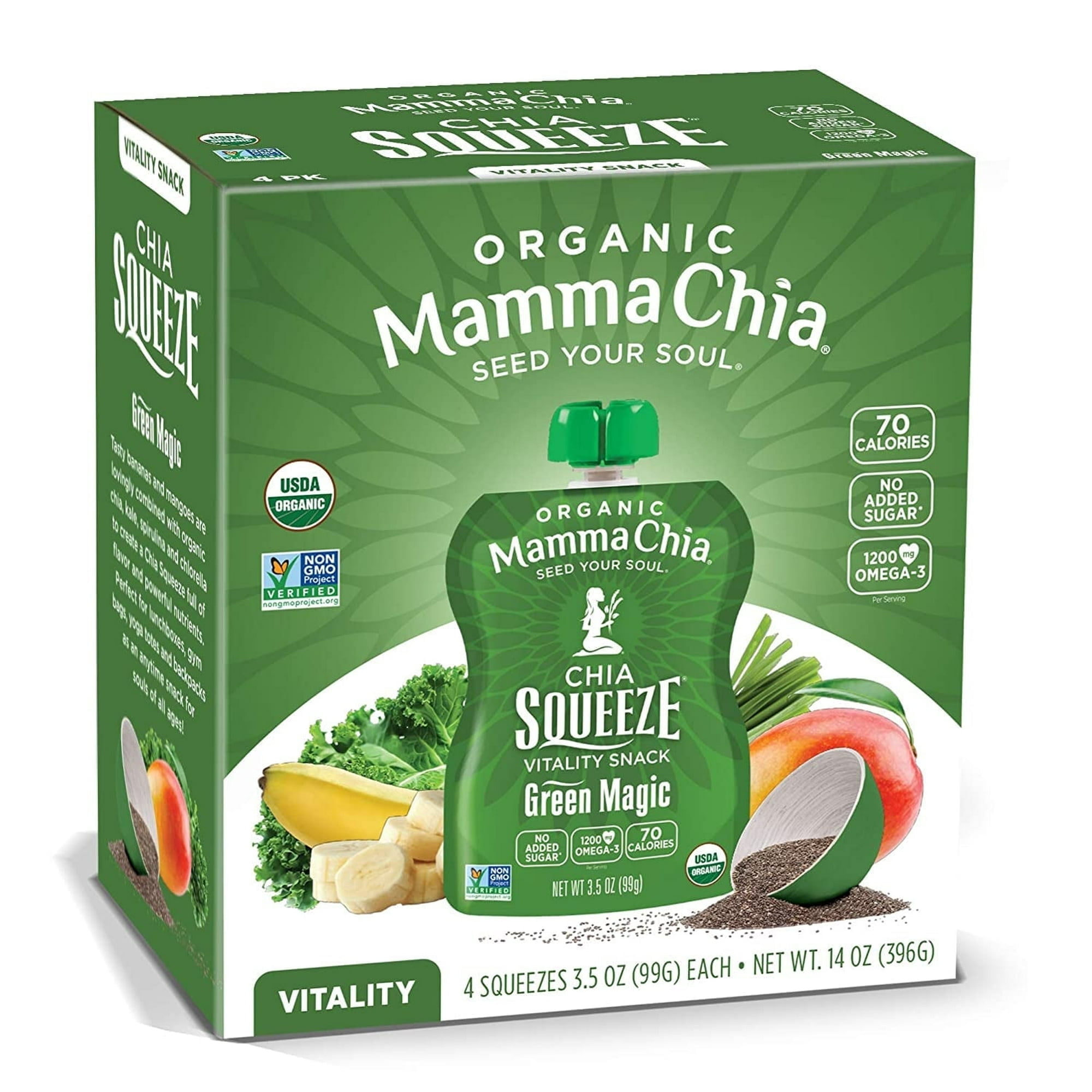 Mamma Chia Organic Chia Squeeze Vitality Snack Green Magic -- 4 Pouches Pack of 2