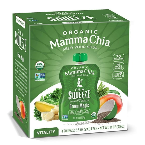 Mamma Chia Organic Chia Squeeze Vitality Snack Green Magic -- 4 Pouches Pack of 3