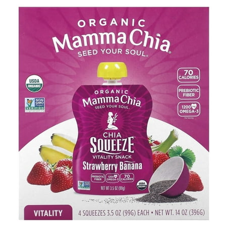 Mamma Chia, Organic Chia Squeeze Vitality Snack, Strawberry Banana, 4 Pack, 3.5 oz (99 g) Each Pack of 2