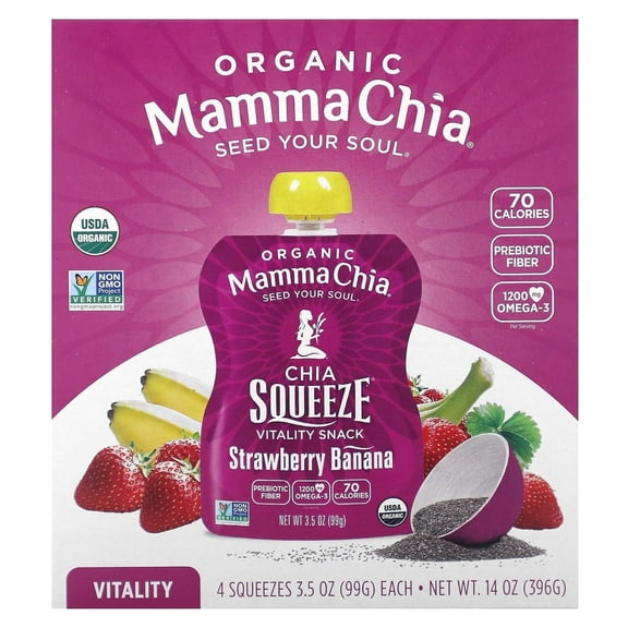 Mamma Chia, Organic Chia Squeeze Vitality Snack, Strawberry Banana, 4 Pack, 3.5 oz (99 g) Each Pack of 3