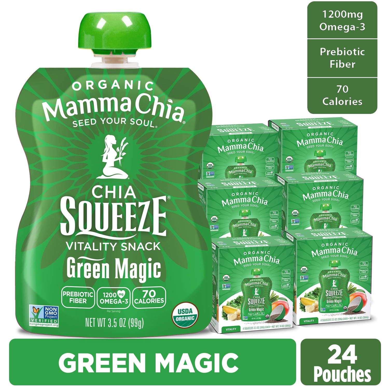 Mamma Chia Organic, Green Magic Chia Squeeze, 3.5 oz, 24 Count Pouches 6 Boxes of 4