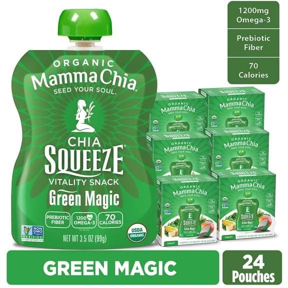 Mamma Chia Organic, Green Magic Chia Squeeze, 3.5 oz, 24 Count Pouches 6 Boxes of 4