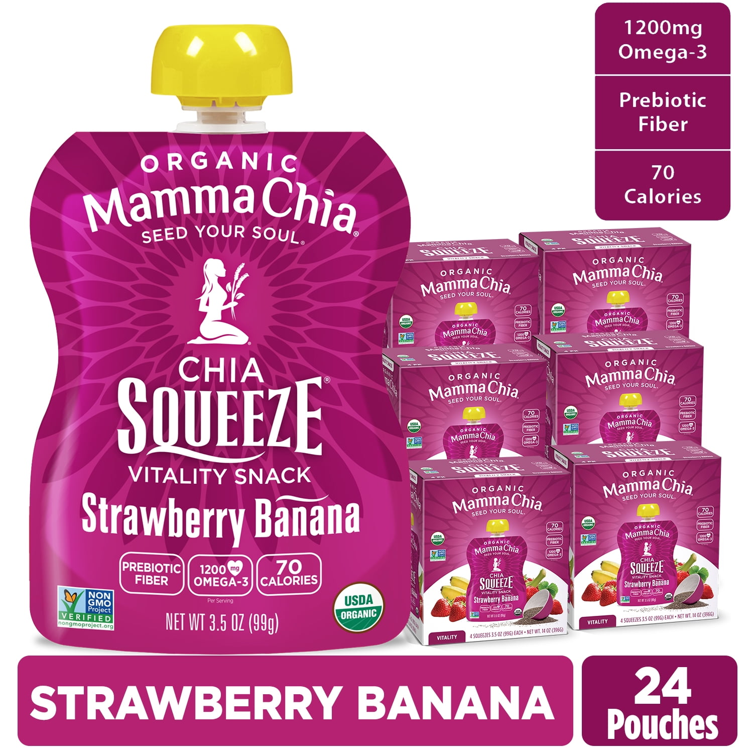 Mamma Chia Organic, Strawberry Banana Chia Squeeze, 3.5 oz, 24 count Pouches 6 boxes of 4