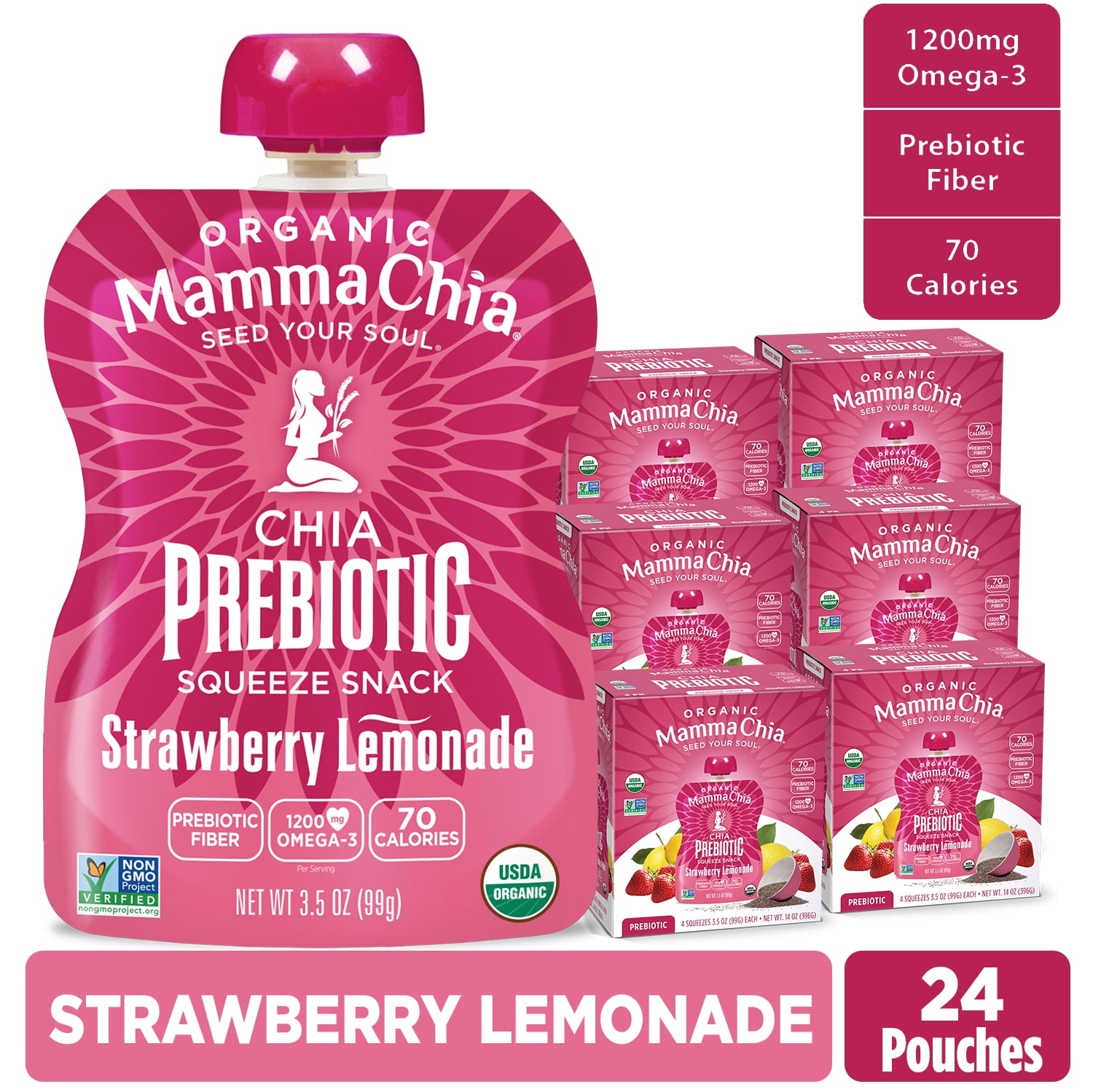 Mamma Chia Organic, Strawberry Lemonade Chia Prebiotic Squeeze, 3.5 oz, 24 Count Pouches 6 Boxes of 4