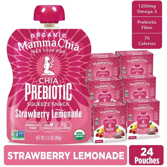 Mamma Chia Organic, Strawberry Lemonade Chia Prebiotic Squeeze, 3.5 oz, 24 Count Pouches 6 Boxes of 4