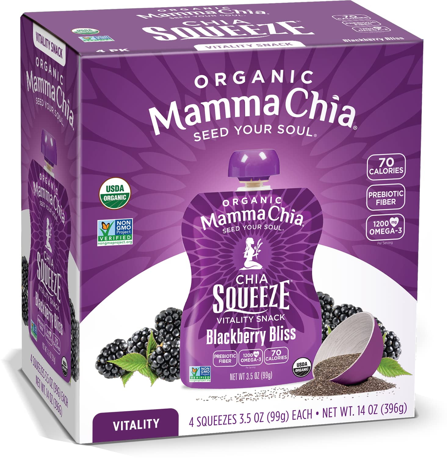 Mamma Chia Organic Vitality AIF4 Squeeze Snack, Blackberry Bliss, (Pack