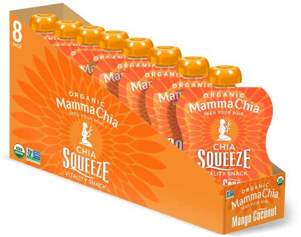 Mamma Chia Organic Vitality  Squeeze Snack, Mango Coconut,  16- 3.5 Ounce Chia  Vitality Snacks, USDA Organic,  Non-GMO, Vegan, Gluten Free,  and Kosher. Fruit and  Vegetables with only 70  Calories