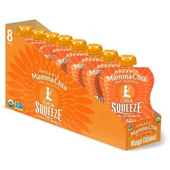 Mamma Chia Organic Vitality Squeeze Snack, Mango Coconut, 16- 3.5 Ounce Chia Vitality Snacks, USDA Organic, Non-GMO, Vegan, Gluten Free, and Kosher. Fruit and Vegetables with only 70 Calories