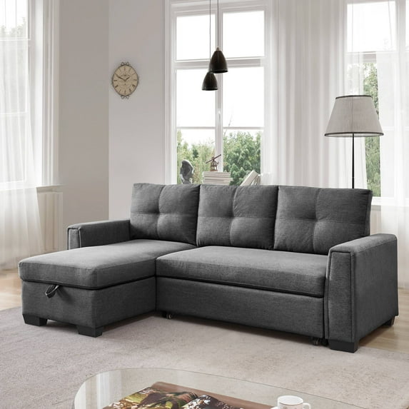Mammoth 92" Modular Convertible Sleeper Sectional, Modern Fabric Sofa with Reversible Storage Chaise, Dark Grey