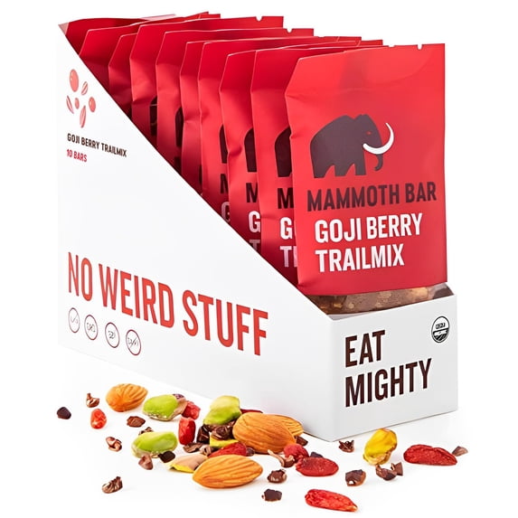 Mammoth Bar Organic Goji Berry Trail Mix High Protein Bar – Clean Label, Gluten-Free, No Added Sugar, Non-GMO, 10 Count