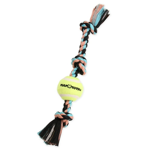Mammoth Flossy Chews Cottonblend 3 Knot Tug Rope Dog Toy with Mini Tennis Ball, Mini 11"