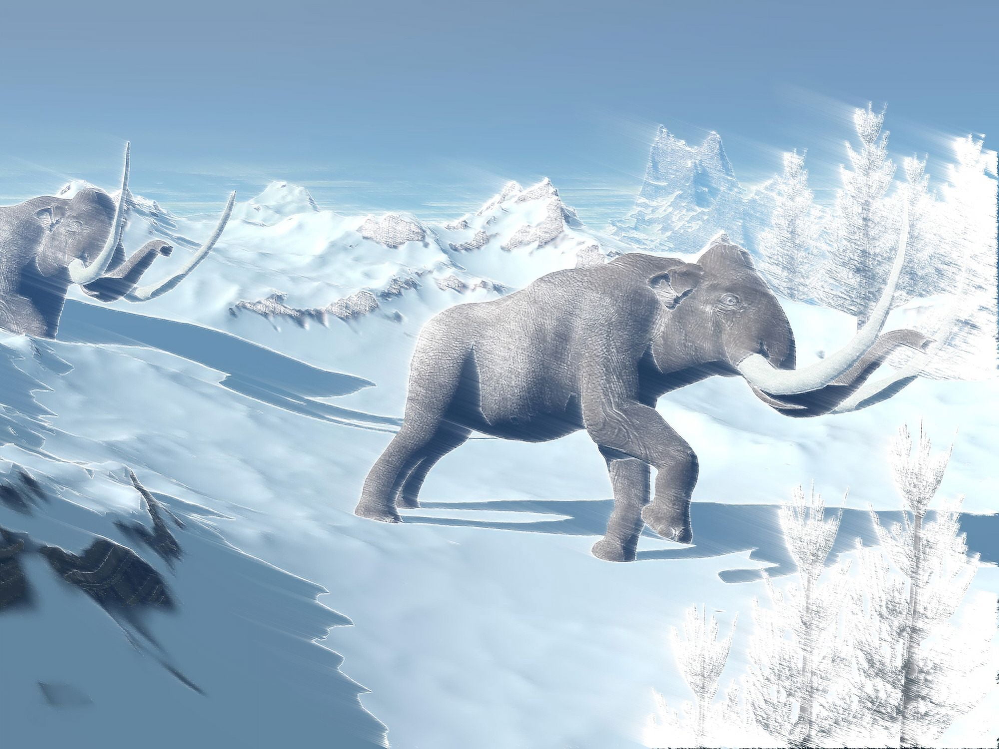 Mammoths walking slowly on the snowy mountain against the wind Canvas Art - Elena DuvernayStocktrek Images (33 x 25)