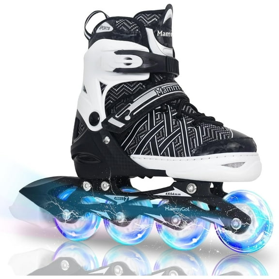 MammyGol Adjustable Inline Skates for Kids with Light-Up Wheels - Youth Teens Roller Skates for Beginners Boys Girls, Outdoor Recreational Skates Black 4-6