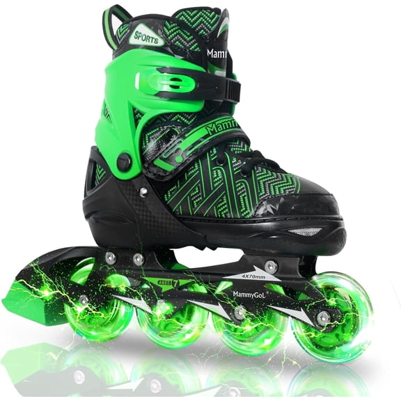MammyGol Adjustable Inline Skates for Kids with Light-Up Wheels - Youth Teens Roller Skates for Beginners Boys Girls, Outdoor Recreational Skates Green 9-12