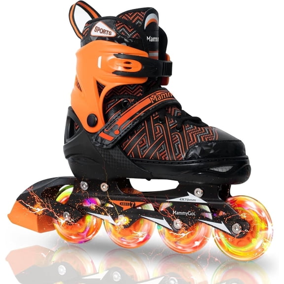 MammyGol Adjustable Inline Skates for Kids with Light-Up Wheels - Youth Teens Roller Skates for Beginners Boys Girls, Outdoor Recreational Skates Orange 9-12