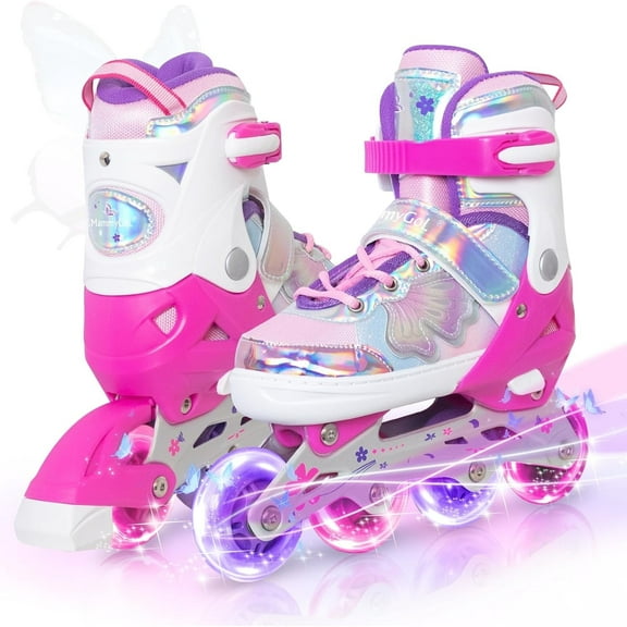 MammyGol Adjustable Inline Skates for Kids - Butterfly Design Youth Roller Skates with Safety Brake, Breathable Liner(Rose, Sizes 5-8 Adjustable)