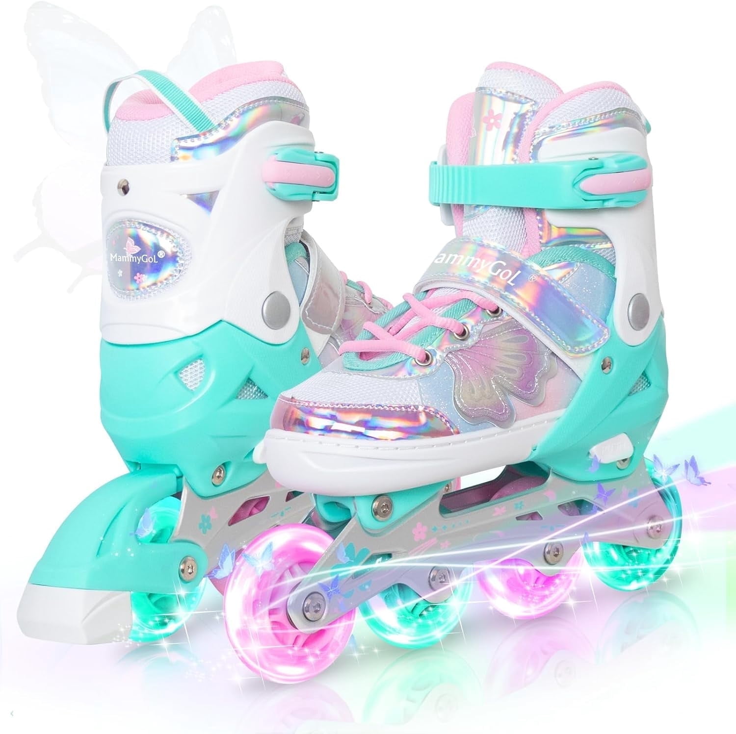 MammyGol Adjustable Inline Skates for Kids - Butterfly Design Youth Roller Skates with Safety Brake, Breathable Liner(Teal,Sizes 10j-13j Adjustable)