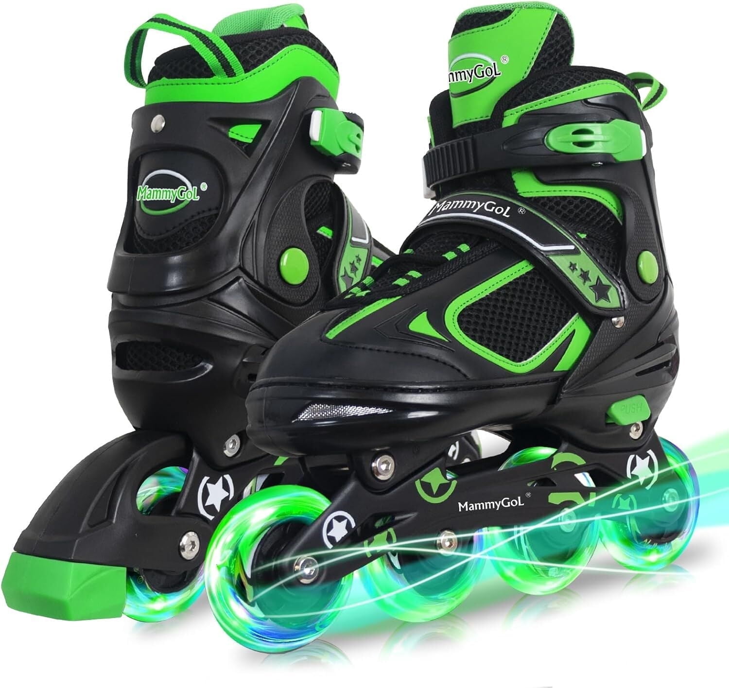 MammyGol Adjustable Inline Skates with Light-Up Wheels for Boys Girls Outdoor Sports, Comfort Youth Kids Skates Green 9-12