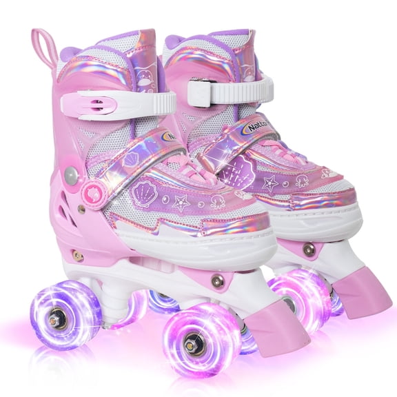 MammyGol Adjustable Kids Roller Skates for Girls or Boys, Underwater Landscapes Quad Skates with All Light Up Wheels for Indoor Outdoor Sports Pink Medium(Size 205-230mm)