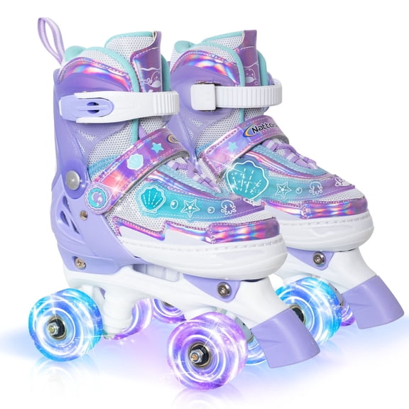MammyGol Adjustable Kids Roller Skates for Girls or Boys, Underwater Landscapes Quad Skates with All Light Up Wheels for Indoor Outdoor Sports Purple(Medium size 1-4)