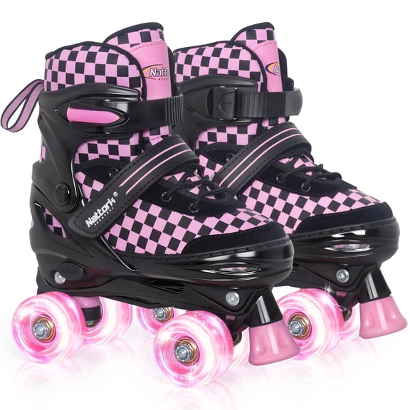 MammyGol Adjustable Roller Skates for Kids Teens, Illuminating Wheels Roller Quad Skates with Checkerboard Design for Boys Girls Pink Size 10 13