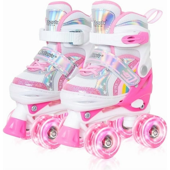 MammyGol Girls Roller Skates for Big Kids, 4 Size Adjustable Rainbow Unicorn Skates with All Light up Wheels - Birthday Gift for Kid Outdoor