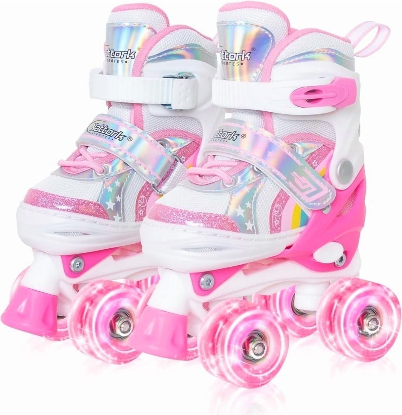 MammyGol Roller Skates For Girls Kids, 4 Size Adjustable Rainbow Quad Skates With All Light Up Wheels For Toddlers Boys Outdoor Indoor