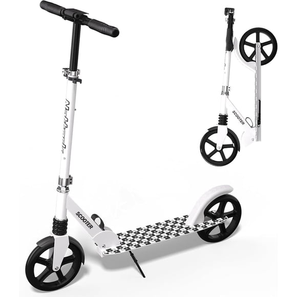 MammyGol Kick Scooter for Teens Adults, Max Load 240 LBS, Adjustable Height Foldable with 8" Large Wheels, Anti-Shock Suspension White