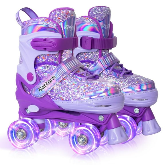 MammyGol Kids Roller Skates for Girls Boys Kids, Sizes Adjustable Fluorescent Quad Skates with Light up Wheels - Birthday Gift for Indoor Outdoor