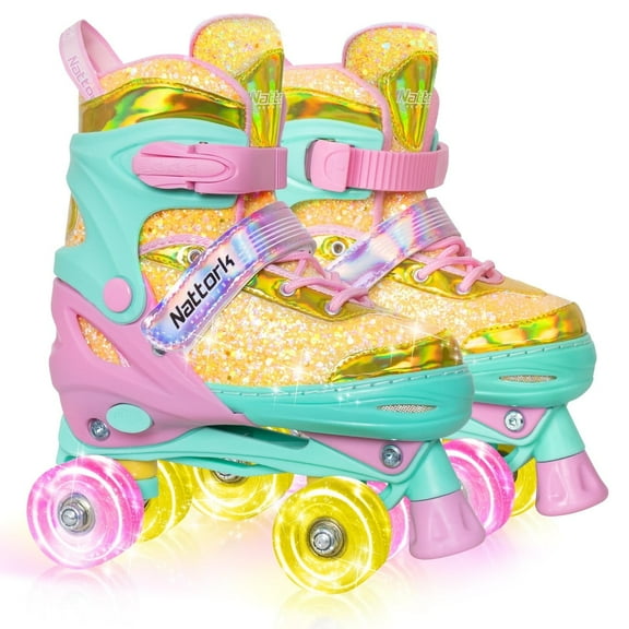 MammyGol Kids Roller Skates for Girls Boys Kids, Sizes Adjustable Fluorescent Quad Skates with Light up Wheels - Birthday Gift for Indoor Outdoor
