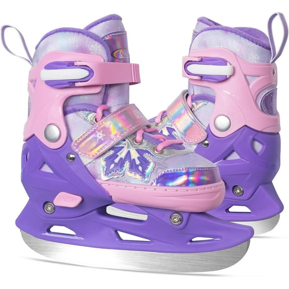 MammyGol Kids Toddler Ice Skates - 4 Size Adjustable Hockey Skates with Warm Plush Lining, Triple Safety Ankle Support, Stainless Steel Blades - Boys and Girls Aged 4-12 (Purple)
