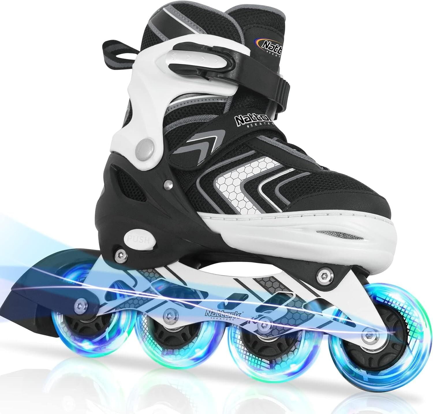 MammyGol Light Up Skates for Kids Girls Boys，Adjustable Inline Skates Youth Beginner Outdoor Black White 4-6