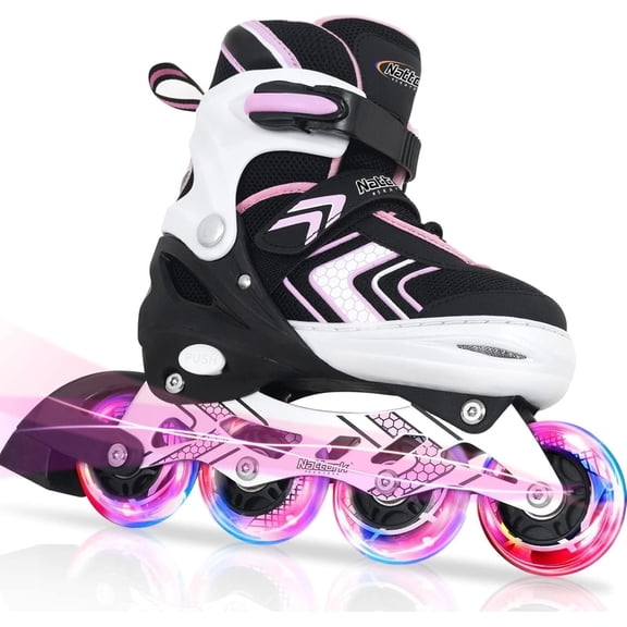 MammyGol Light Up Skates for Kids Girls Boys，Adjustable Inline Skates Youth Beginner Outdoor Pink 5-8